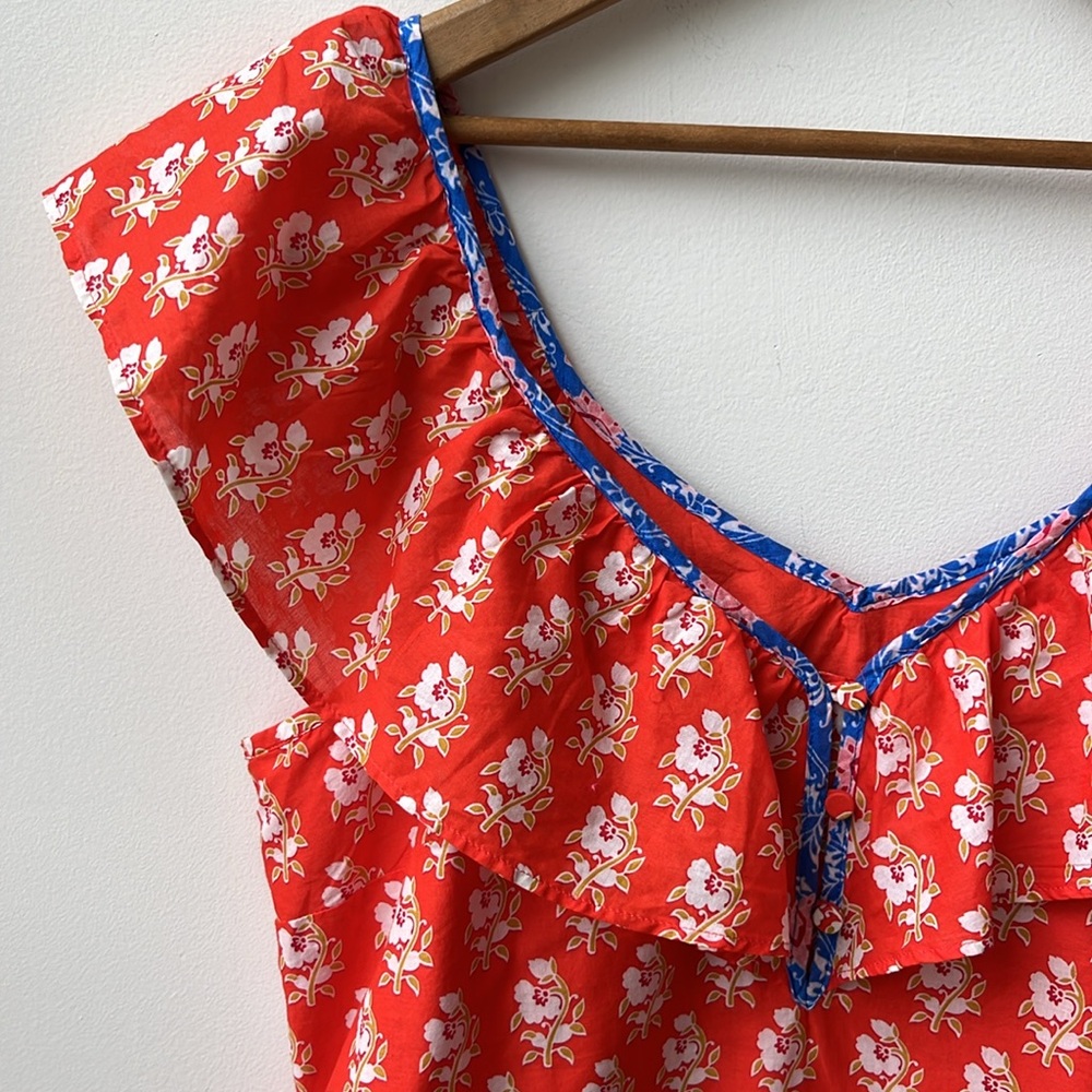 J. Crew Floral Print Ruffle V Neck Top 100% Cotton Size Medium